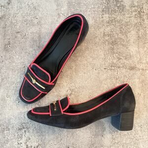 Tory Burch Nora Suede Loafers Block Heel Pump Size 9 Pink Navy Blue Prepy Office